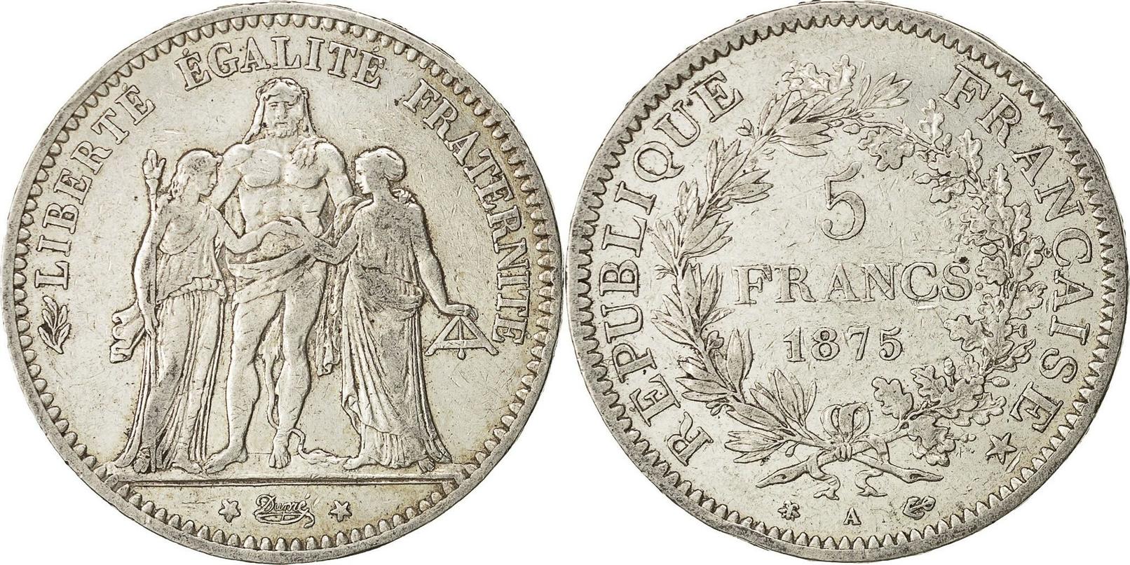 France 5 Francs 1875 A Coin, Hercule, Paris, Silver, KM:820.1 EF