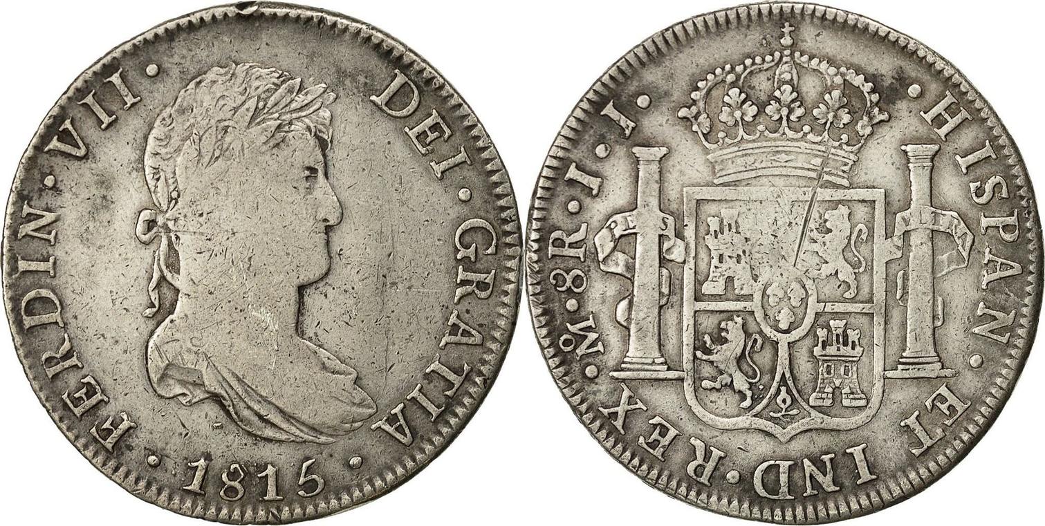 Mexico 8 Reales 1815 Mexico City Coin, Ferdinand VII, Silver, KM 111 VF