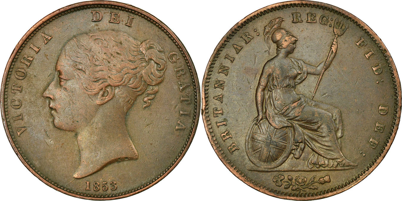 Great Britain Penny 1853 Coin Victoria Copper KM 739 EF 40 45