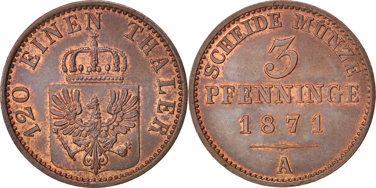 German States 3 Pfennig 1871 A Coin, PRUSSIA, Wilhelm I, Copper, KM:482 ...