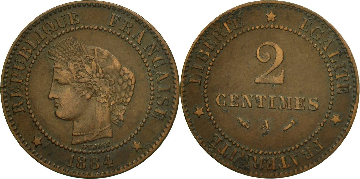 France 2 Centimes 1884 A Coin, Cérès, Paris, Bronze, KM:827.1, Le AU(55 ...