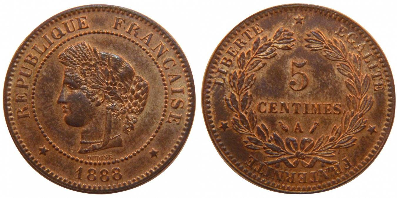 France 5 Centimes 1888 A Coin, Cérès, Paris, Bronze, KM:821.1 MS(60-62 ...