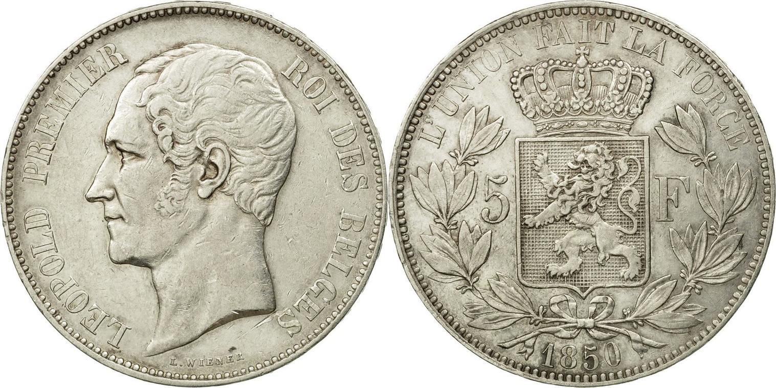 Belgium 5 Francs 5 Frank 1850 Coin Leopold I Silver Km17 Vf30 35