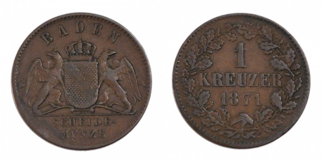 German States Kreuzer 1871 Coin, BADEN, Friedrich I, Copper AU(50-53 ...