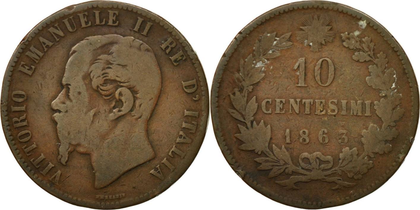 Italy 10 Centesimi 1863 Coin Vittorio Emanuele II Copper VF 20