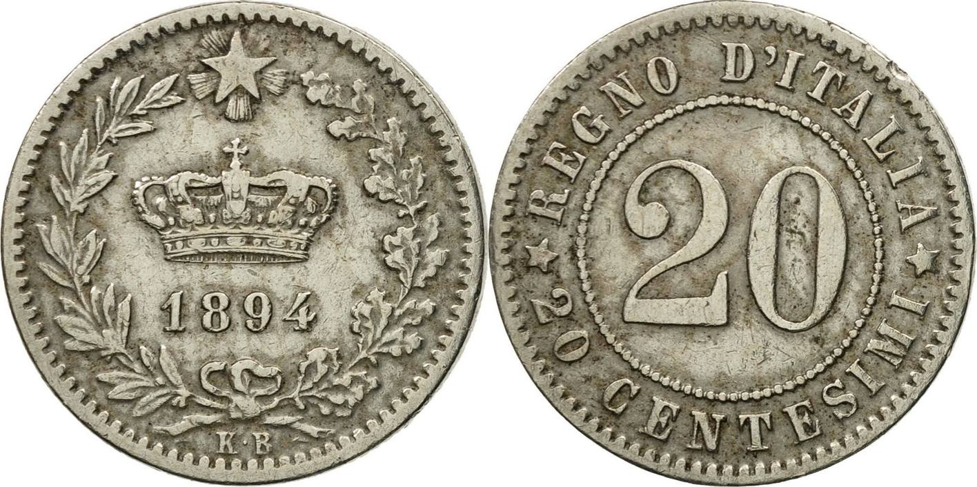 Italy 1894 KB 20 Centesimi Coin.