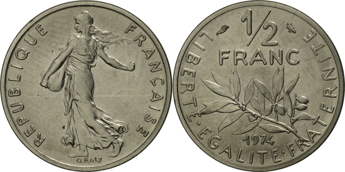 France 1/2 Franc 1974 Paris Coin, Paris, Nickel, KMP497, Gadoury91.P1