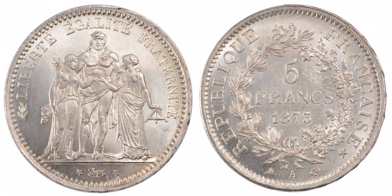 D1082 France 5 Francs Hercule 1873 A Paris Argent Silver AU -> Make offer 