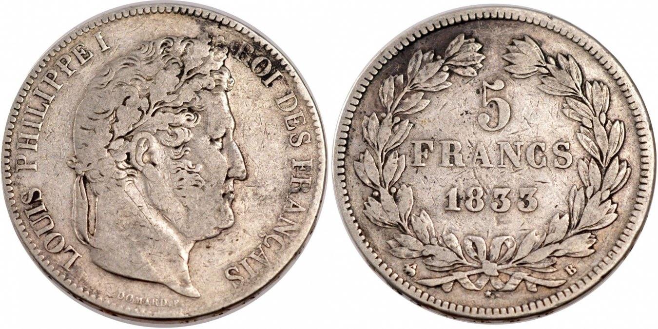 France 5 Francs 1833 B Coin, Louis-Philippe, Rouen, Silver VF(30-35 ...