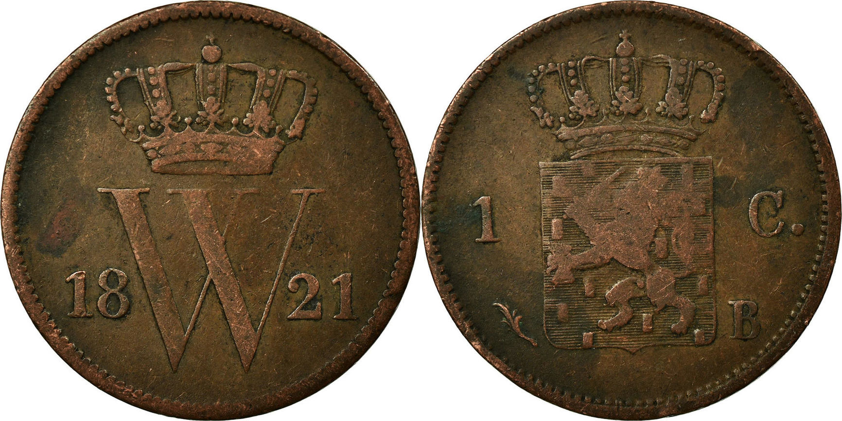 Netherlands Cent 1821 B Coin, William I, Brussels, Copper, KM:47 EF(40 ...