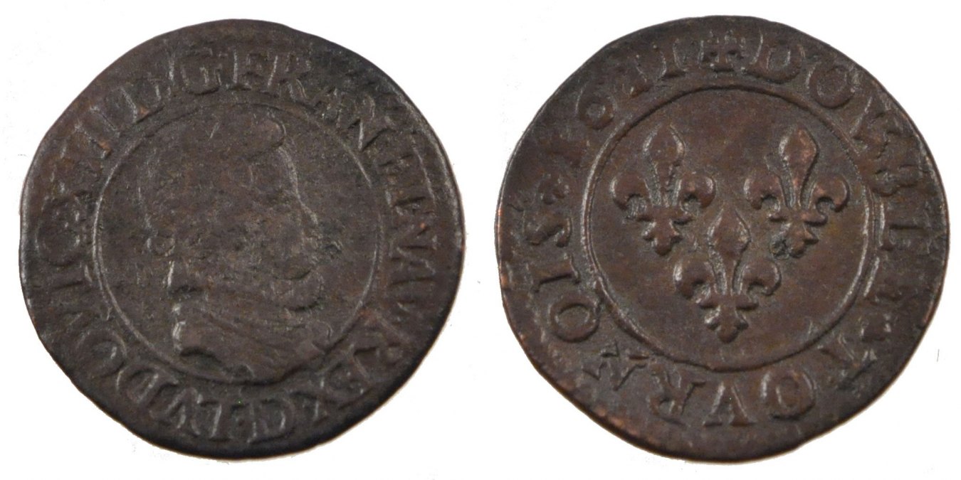 France 1611 D Coin, Louis XIII, Double tournois, buste enfantin au col ...