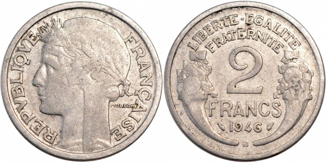 France 2 Francs 1946 B Coin, Morlon, Beaumont Le Roger, Aluminum VF(30 ...