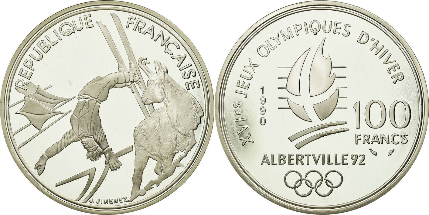 France 100 Francs 1990 Coin, Free-style skier, BE, Silver, KM:983 MS(65 ...