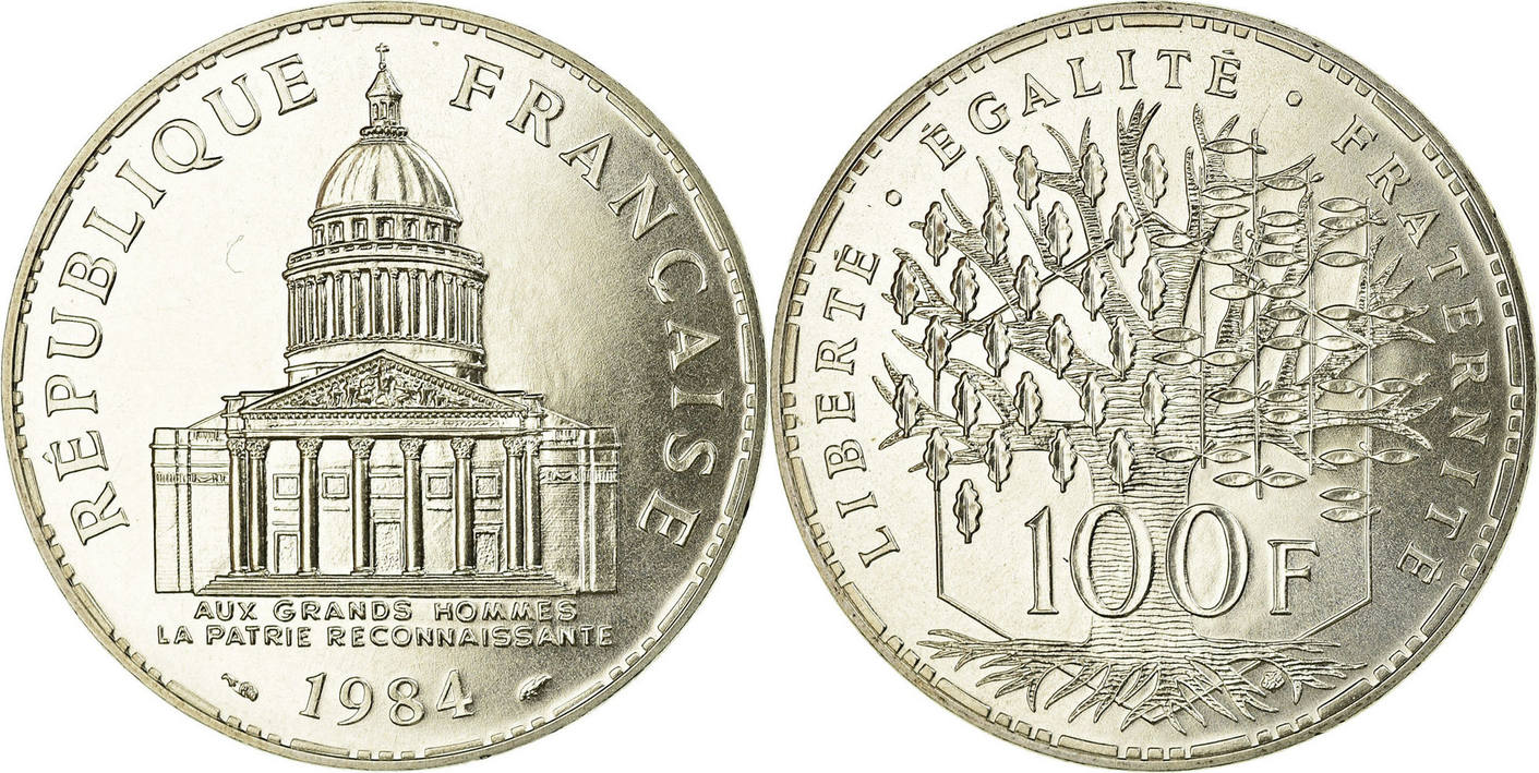 100 Francs 1984 Aux Grands Hommes La Patrie Reconnaissante France 100 Francs 1984 Paris Coin, Panthéon, Paris, Silver, KM:951.1  MS(65-70) | MA-Shops