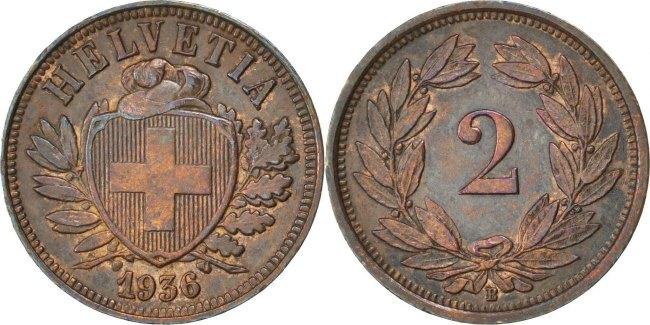 Switzerland 2 Rappen 1936 B Coin, Bern, Bronze, KM:4.2a AU(55-58) | MA ...