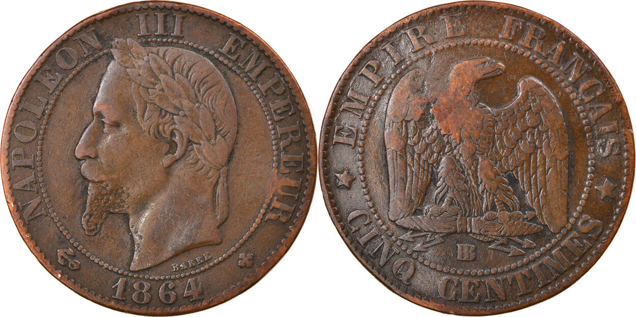 France 5 Centimes 1864 BB Coin, Napoleon III, Napoléon III, Strasbourg ...