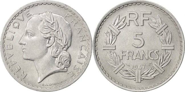 France 5 Francs 1947 Coin Lavrillier Aluminum Km888b1 Ms60 62