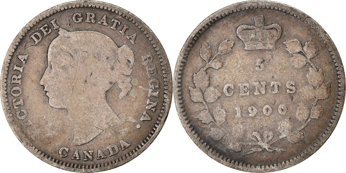 Canada 5 Cents 1900 Coin, Victoria, Silver, KM:2 F(12-15)