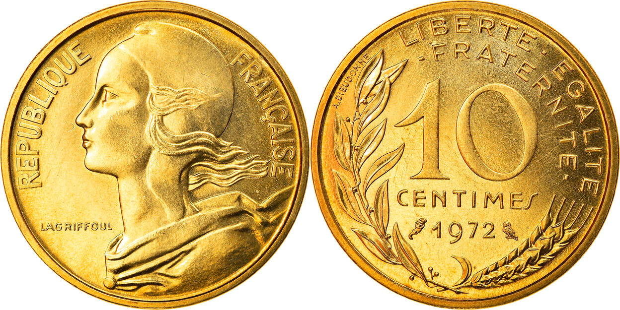 France 10 Centimes 1972 Paris Coin, Marianne, Paris, Aluminum-Bronze MS