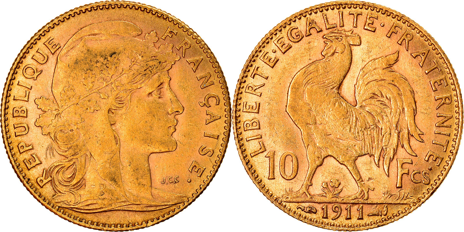 France 10 Francs 1911 Paris Coin, Marianne, Paris, Gold, KM:846 AU(50