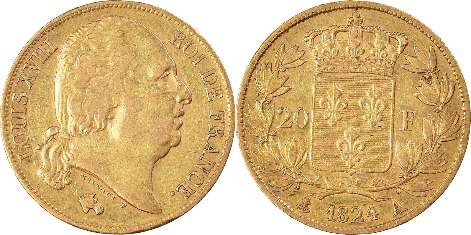 France 20 Francs 1824 A Coin, Louis XVIII, Paris, Gold, KM:712.1 EF(40 ...