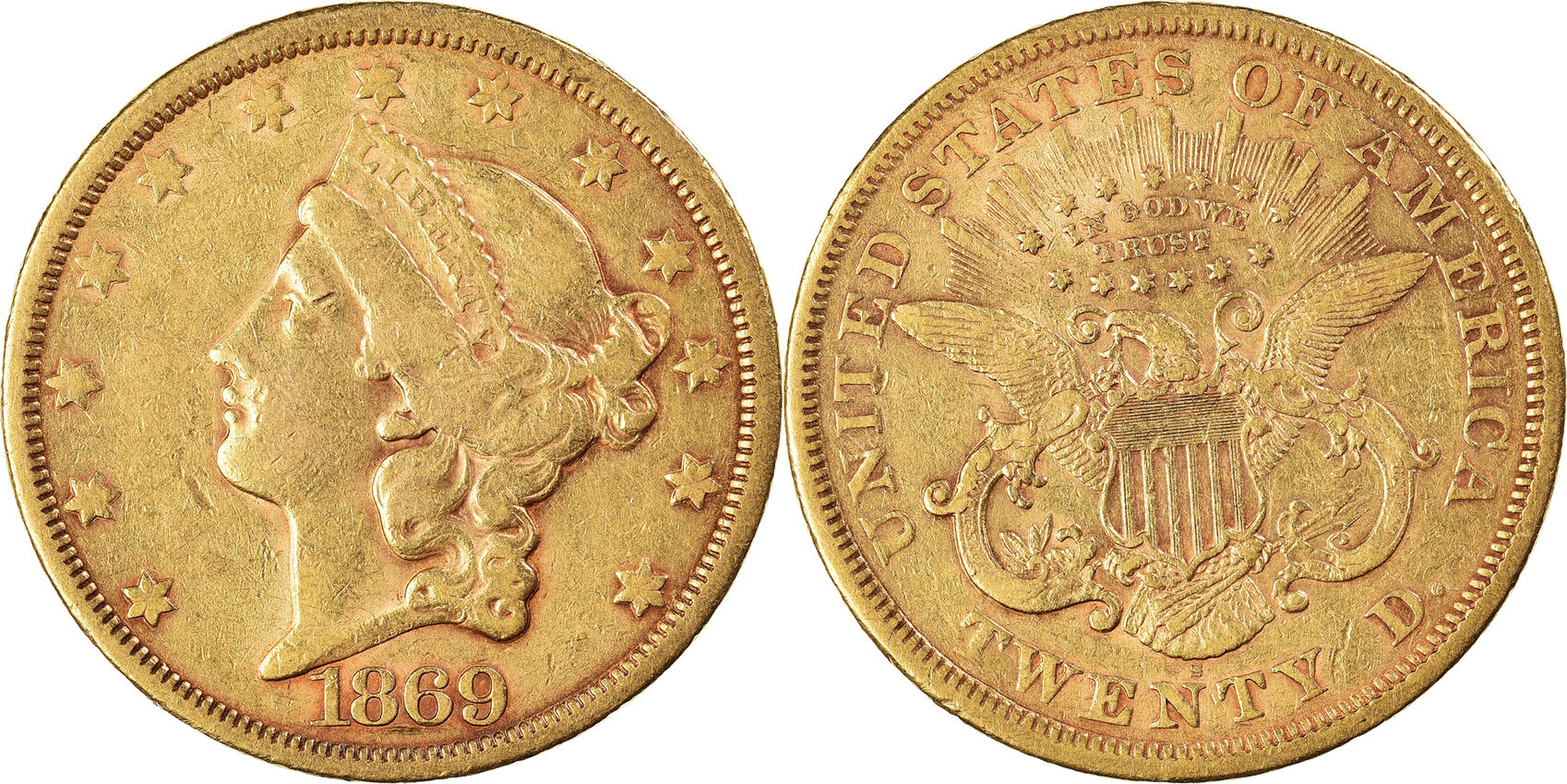 United States $20, Double Eagle 1869 S Coin, Liberty Head, U.S. Mint ...