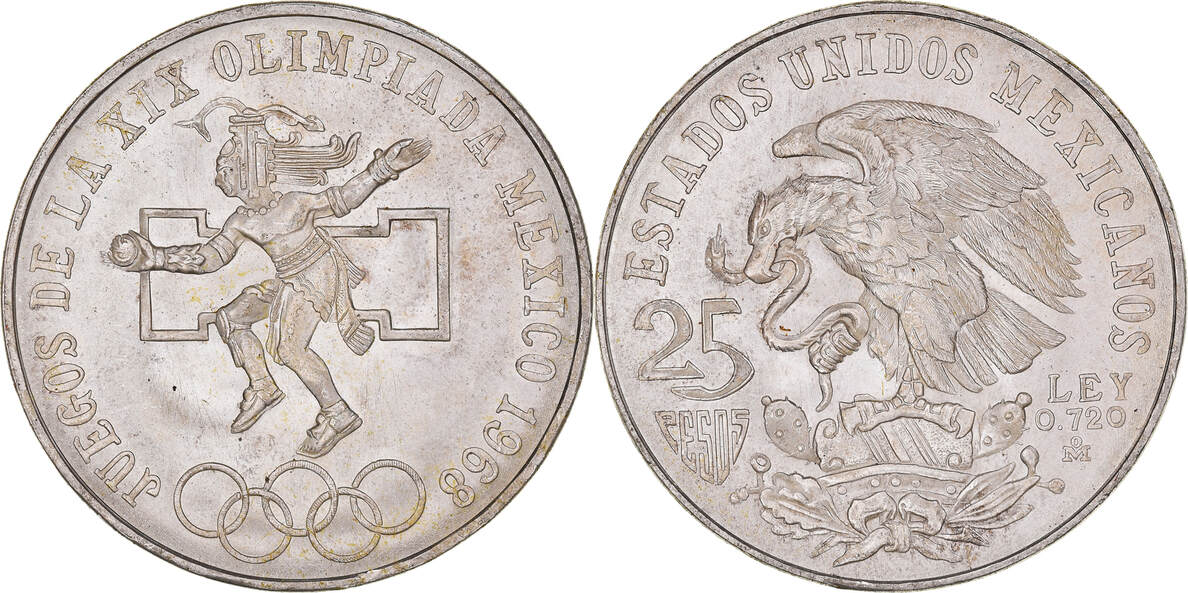 Mexico 25 Pesos 1968 Mo Coin, Silver, KM:479.1 MS(60-62) | MA-Shops