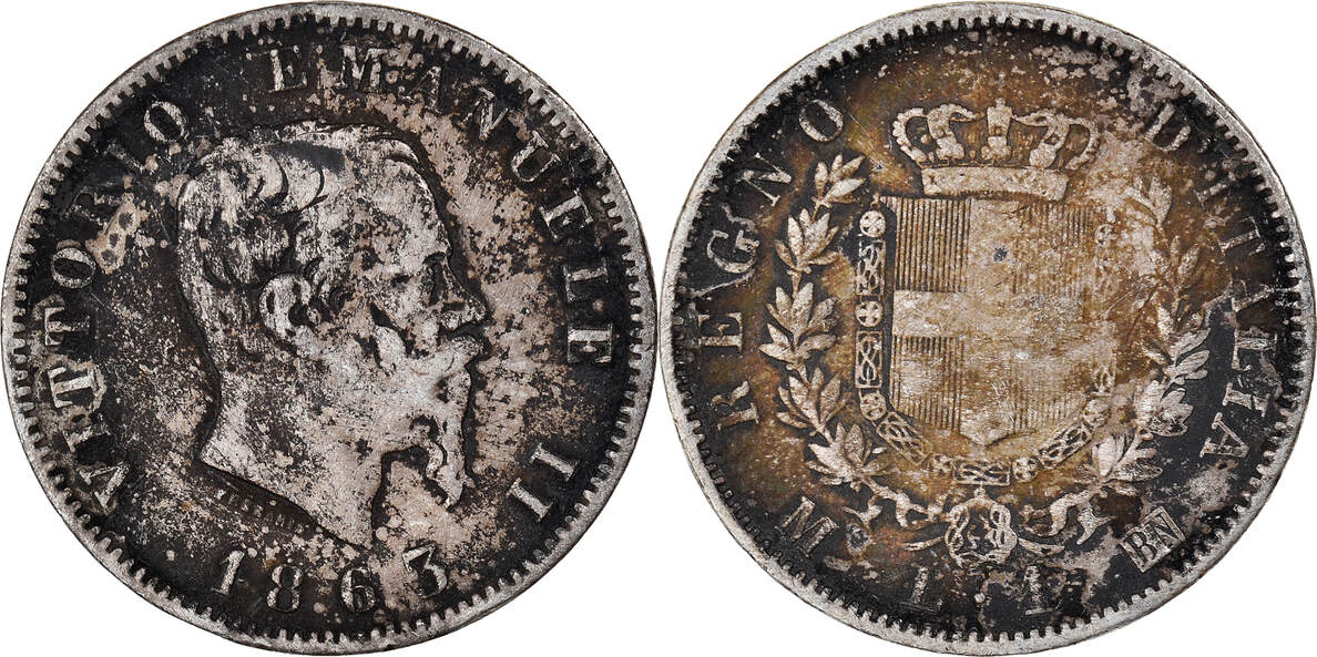 Italy Lira 1863 M Coin, Vittorio Emanuele II, Milan, Silver, KM:5a.1 EF ...