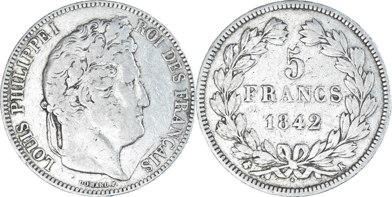 France 5 Francs 1842 K Coin, LouisPhilippe, Bordeaux, Silver VF(2025