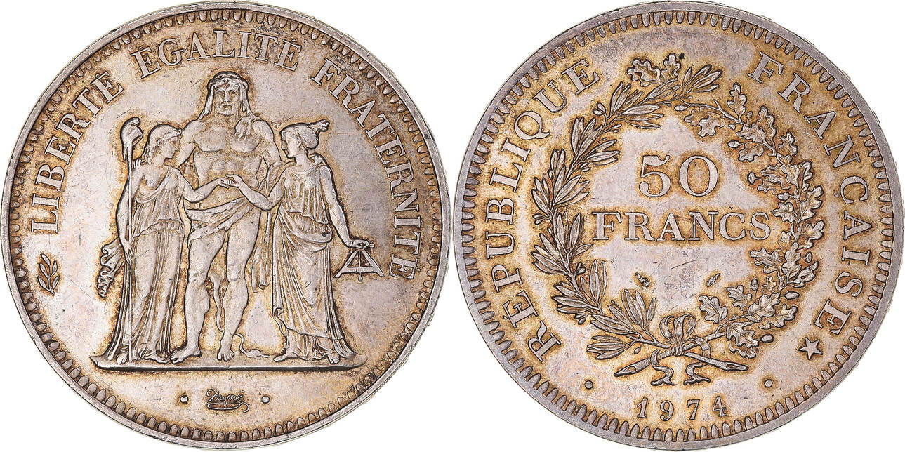 France 50 Francs 1974 Coin, Hercule, Avers 20 francs, Silver AU(55