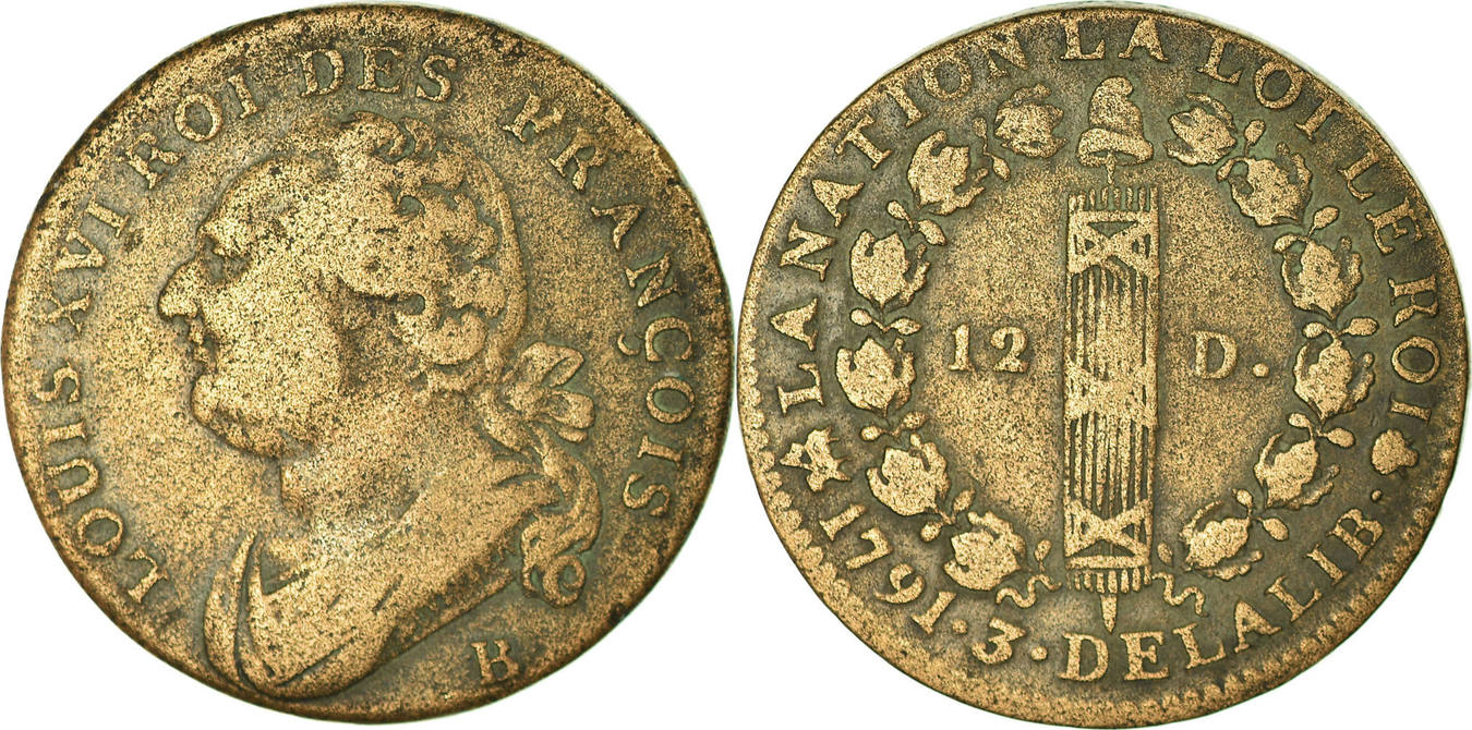 France 1791 B Coin, 12 Deniers François, Rouen, Bronze VF(30-35) | MA-Shops