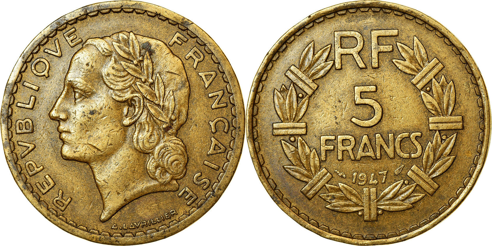 France 5 Francs 1947 Paris Coin Lavrillier Paris Aluminum Bronze Ef