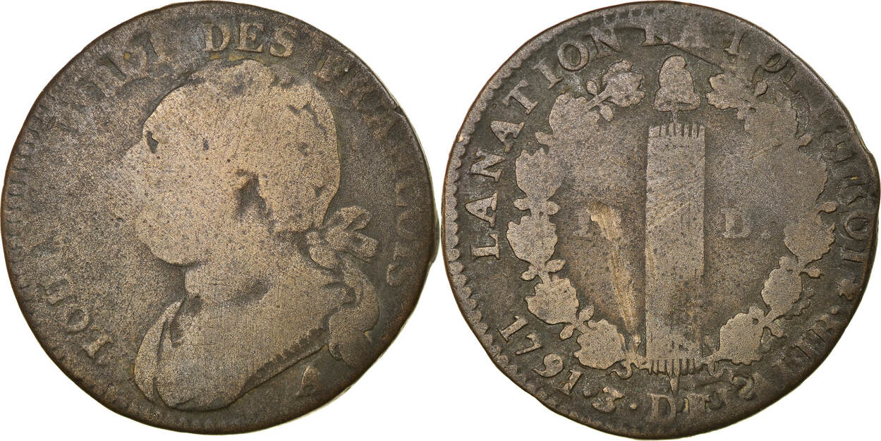 France 1791 A Coin, Louis XVI, 12 deniers françois, Paris VF(20-25 ...