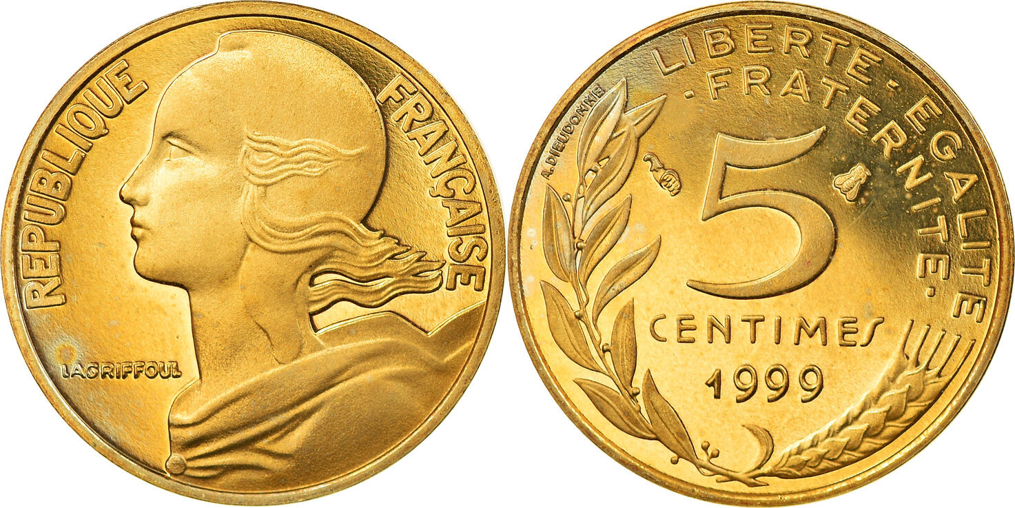 France 5 Centimes 1999 Paris Coin, Marianne, Paris, Proof, Aluminum