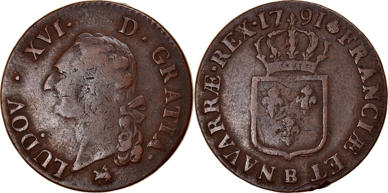 France 1791 B Coin Louis XVI Sol ou sou Rouen Copper VF 30 35