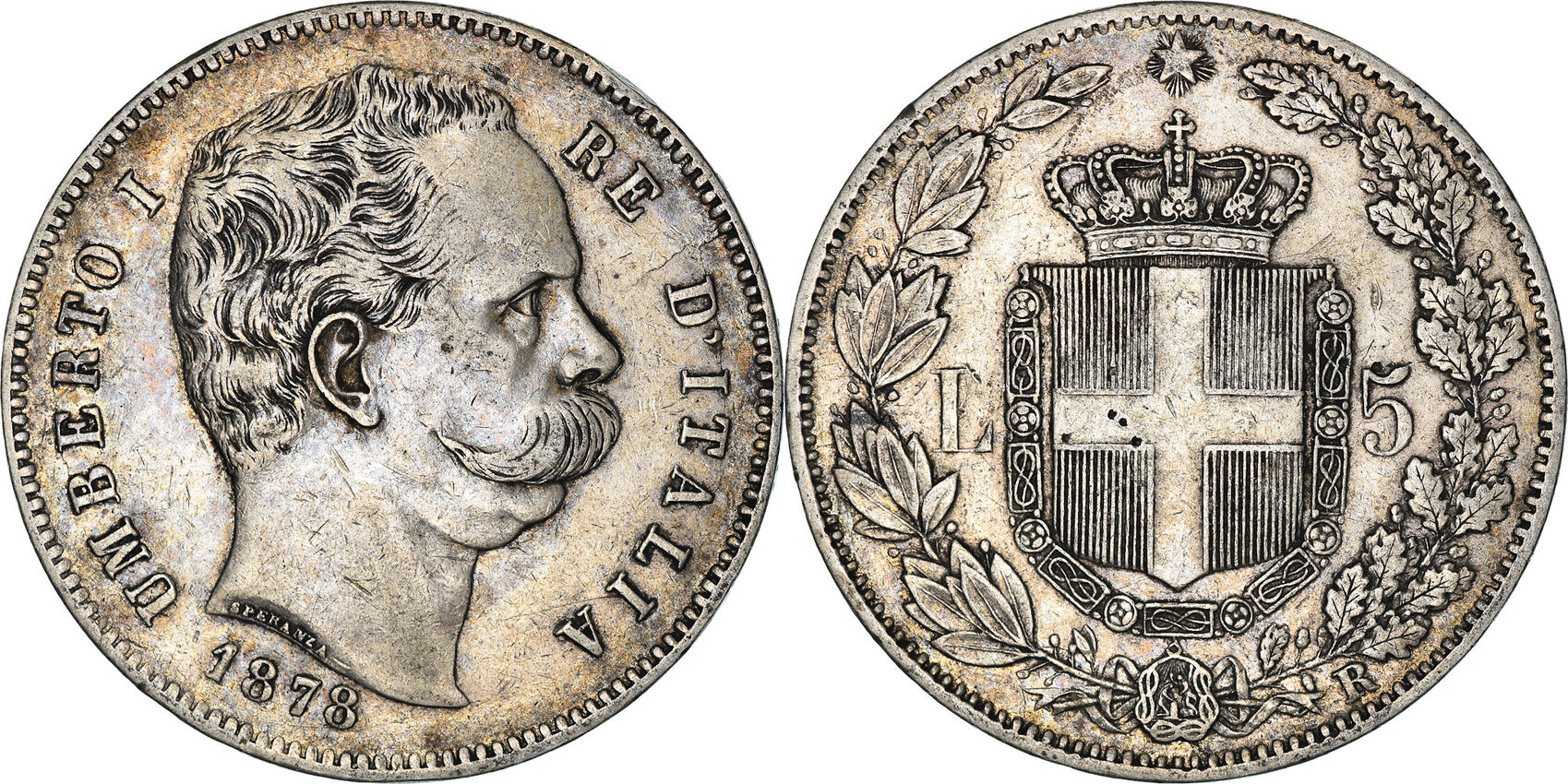 Italy 5 Lire 1878 R Coin, Umberto I, Rome, Silver, KM20 EF(4045)