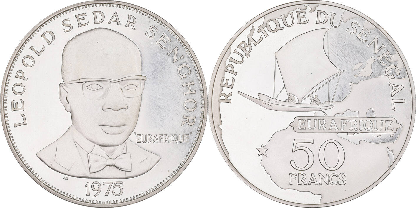 Senegal 50 Francs 1975 Coin, Leopold Sedar Senghor, Proof, Silver MS(63