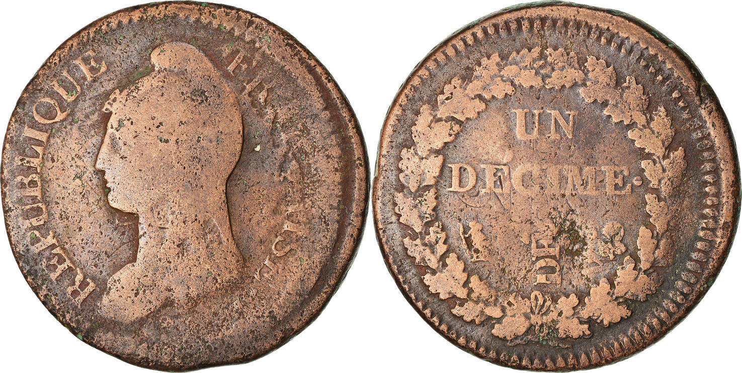 Piece Republique Francaise Un Decime L An 5 France Decime AN 5 I Coin, Dupré, Limoges, Surfrappe du Décime F(12-15) |  MA-Shops