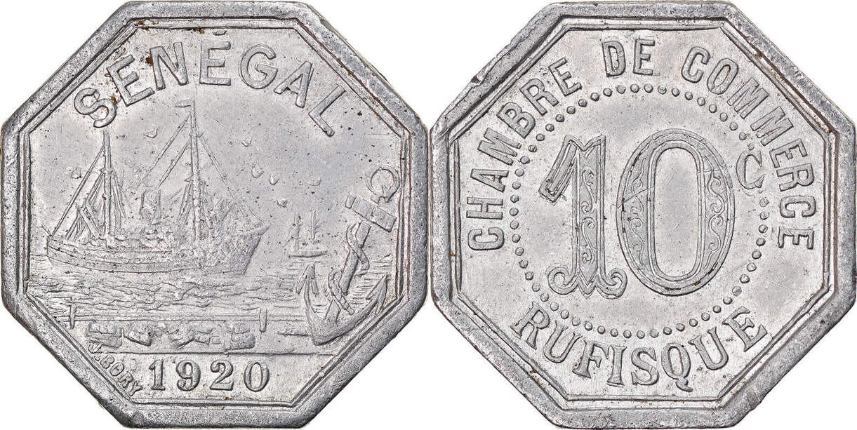 Senegal 10 Centimes 1920 Coin, Chambre de Commerce Rufisque AU(50