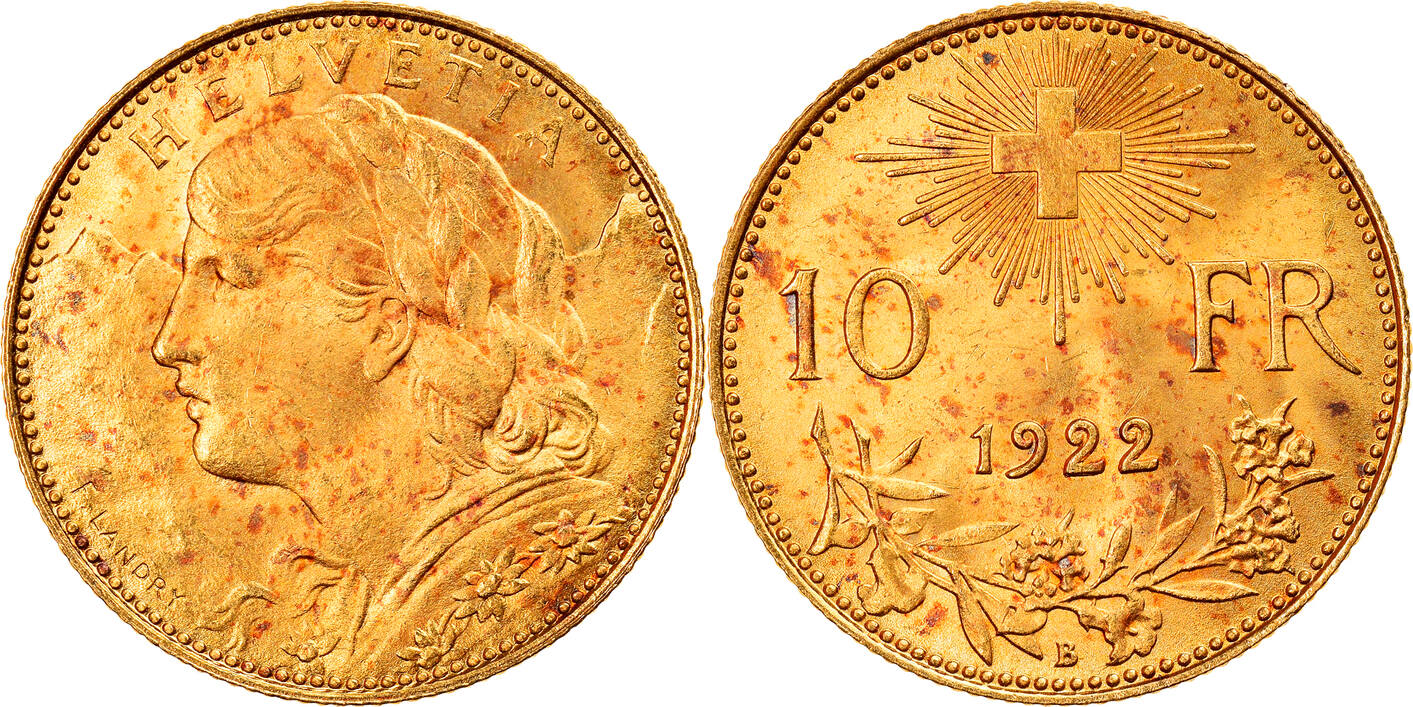 Switzerland 10 Francs 1922 B Coin, Bern, Gold, KM:36 MS(63) | MA-Shops