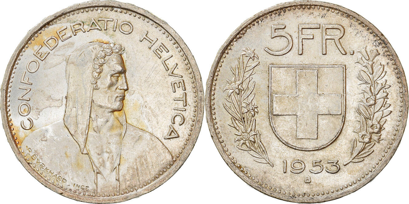 Switzerland 5 Francs 1953 B Coin, Bern, Silver, KM:40 AU(50-53) | MA-Shops