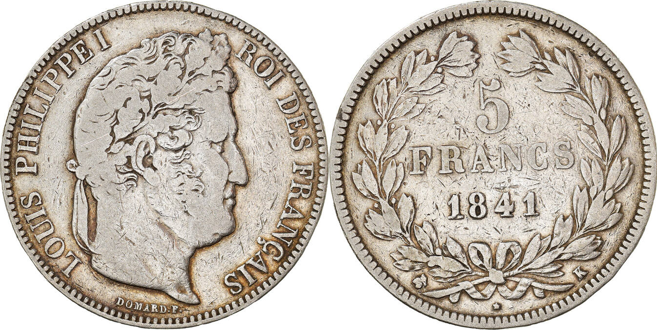 France 5 Francs 1841 K Coin, Louis-Philippe, Bordeaux, Silver VF