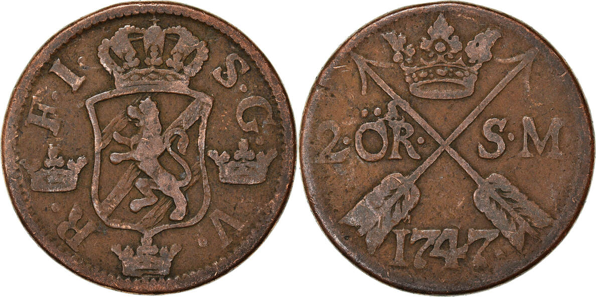 Sweden 2 Ore, S.M. 1747 Coin, Frederick I, Copper, KM:437 VF(30-35 ...