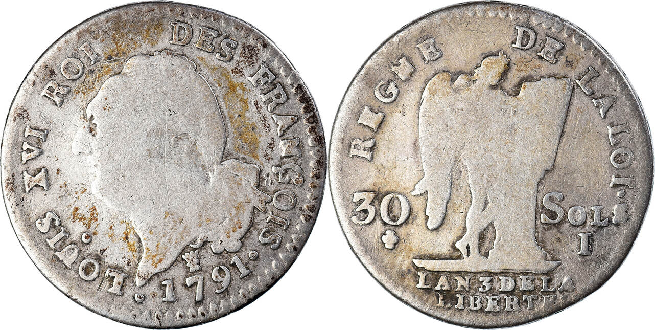 France 30 Sols 1791 Limoges Coin, Louis XVI, Limoges, Silver, KM606.7