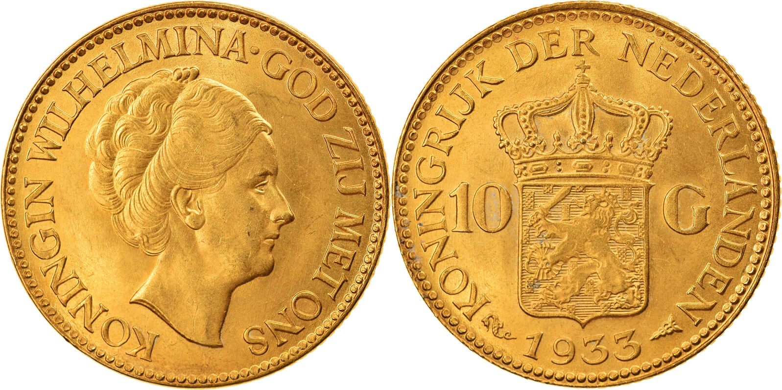 Netherlands 10 Gulden 1933 Coin, Wilhelmina I, Gold, KM:162 MS(63) | MA