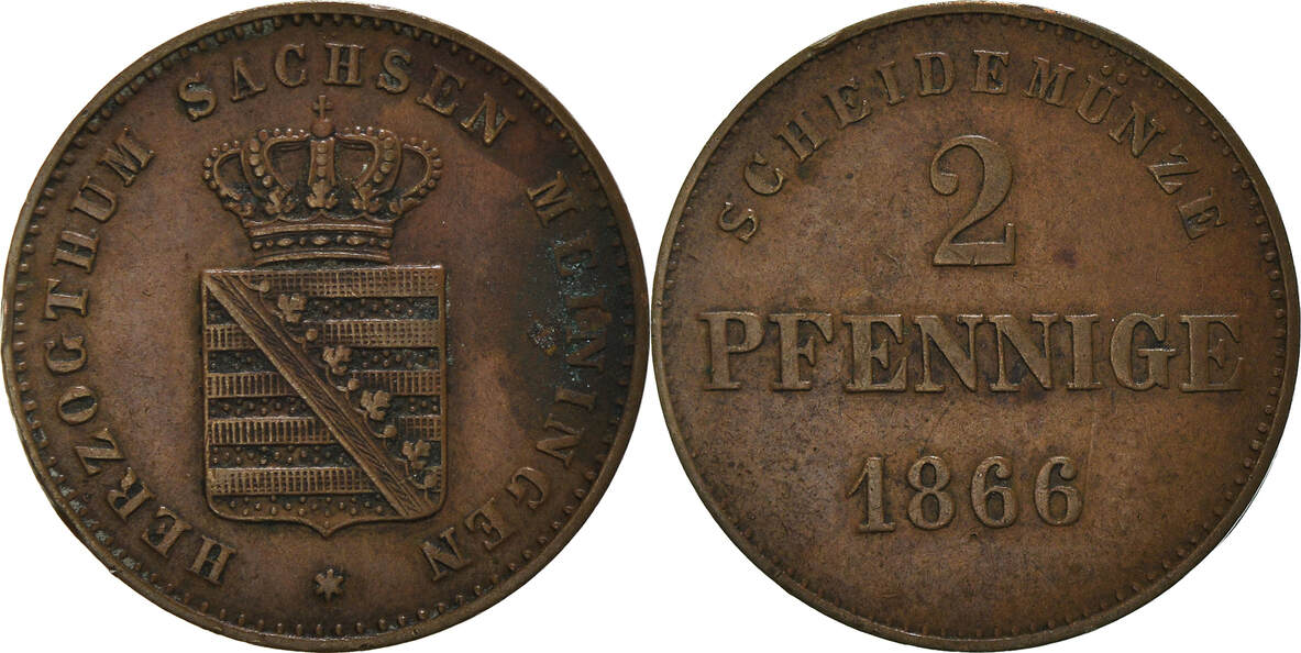 German States 2 Pfennig 1866 Coin, SAXE-MEININGEN, Bernhard II EF(40-45 ...