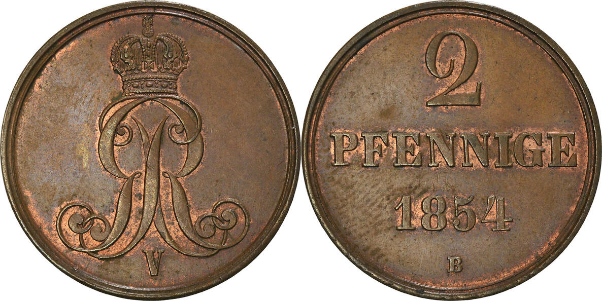 German States 2 Pfennig 1854 B Coin HANNOVER Georg V Copper AU