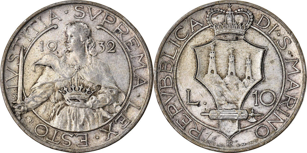 San Marino 10 Lire 1932 R Coin, Rome, Silver, KM:10 EF(40-45) | MA-Shops