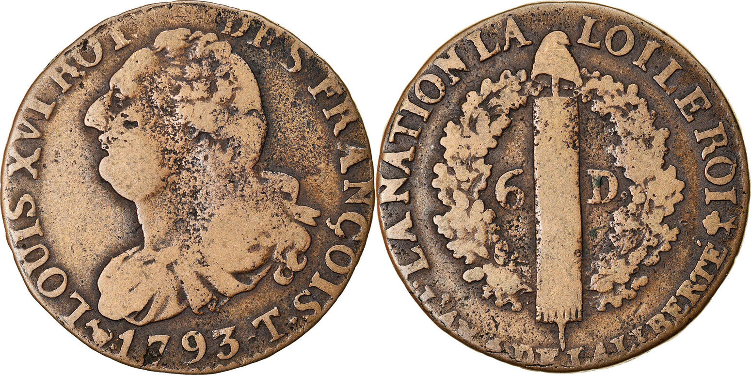 France 1793 монета. T Coin. Монета 6 ВЭК.