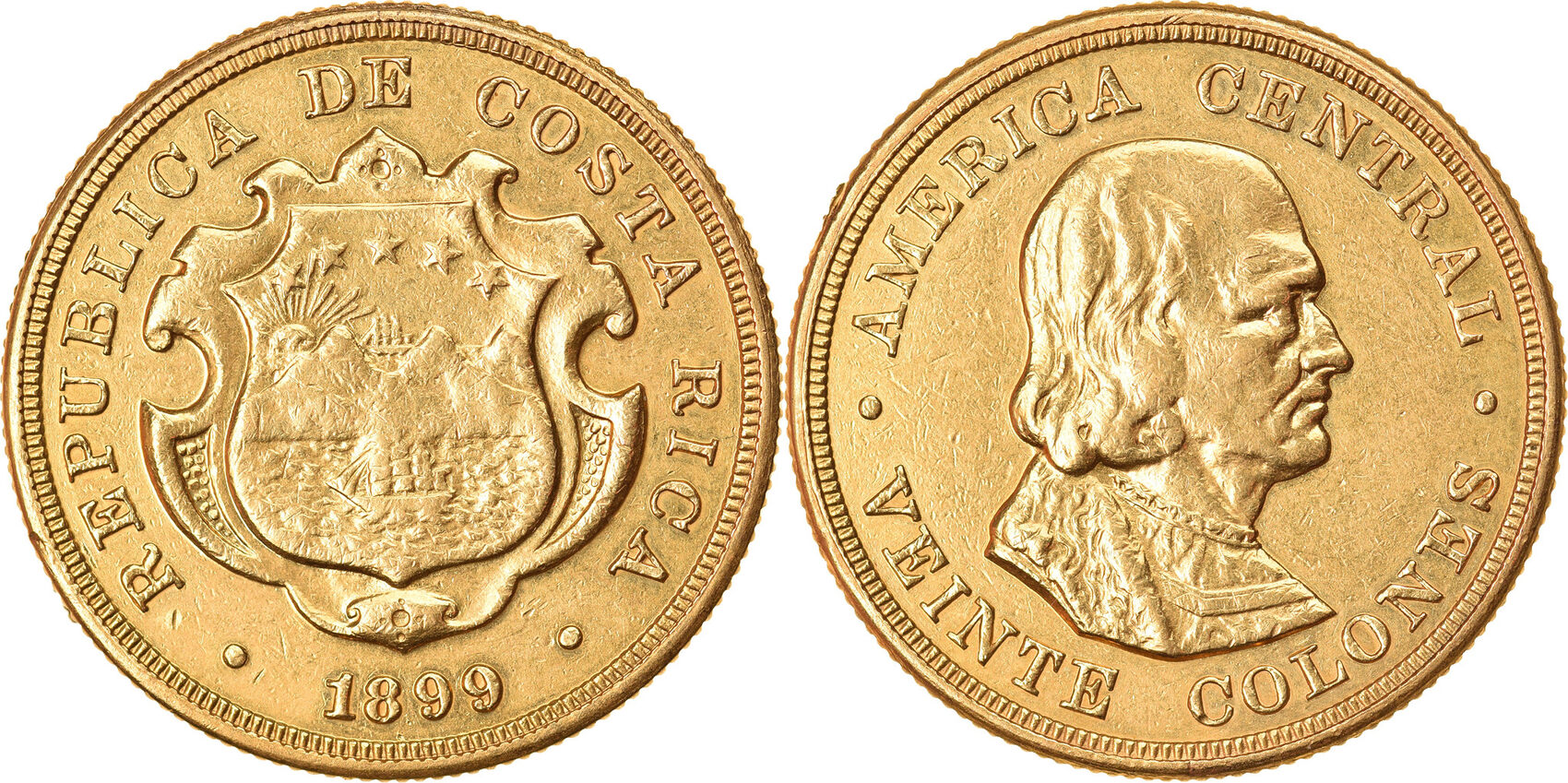 Costa Rica 20 Colones 1899 Coin Gold KM 141 MS 63 MA Shops